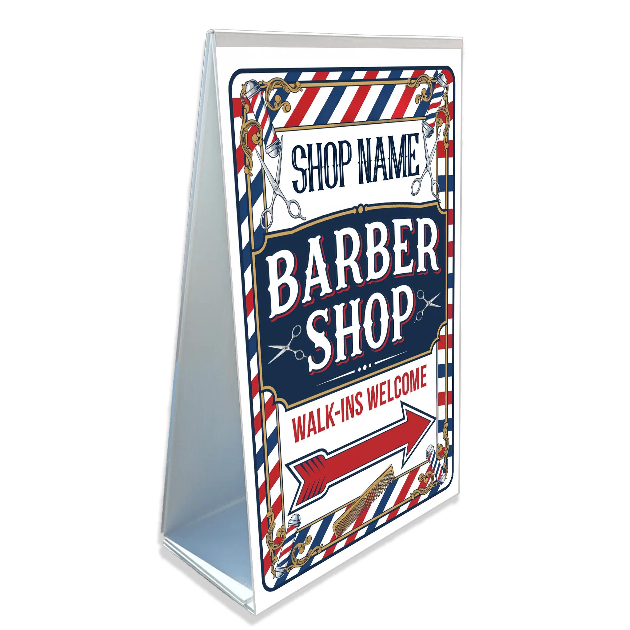 2-Pack Custom Barber Shop A-Frame Signs – Walk-Ins Welcome with Directional Arrows – 2-Sided 24"x38" Red White Blue Plastic Sandwich Board