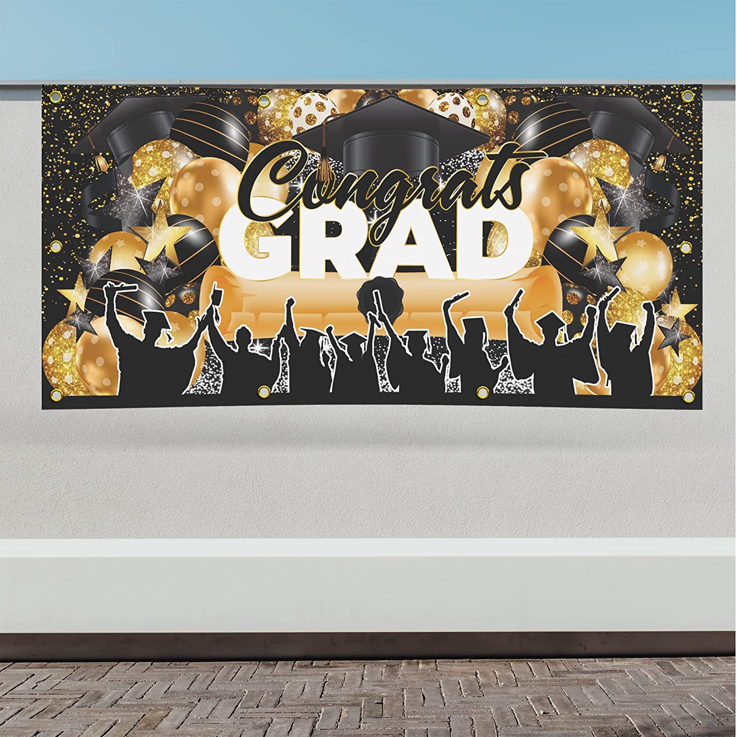 3'x6' Black and Gold Congrats Grad Banner
