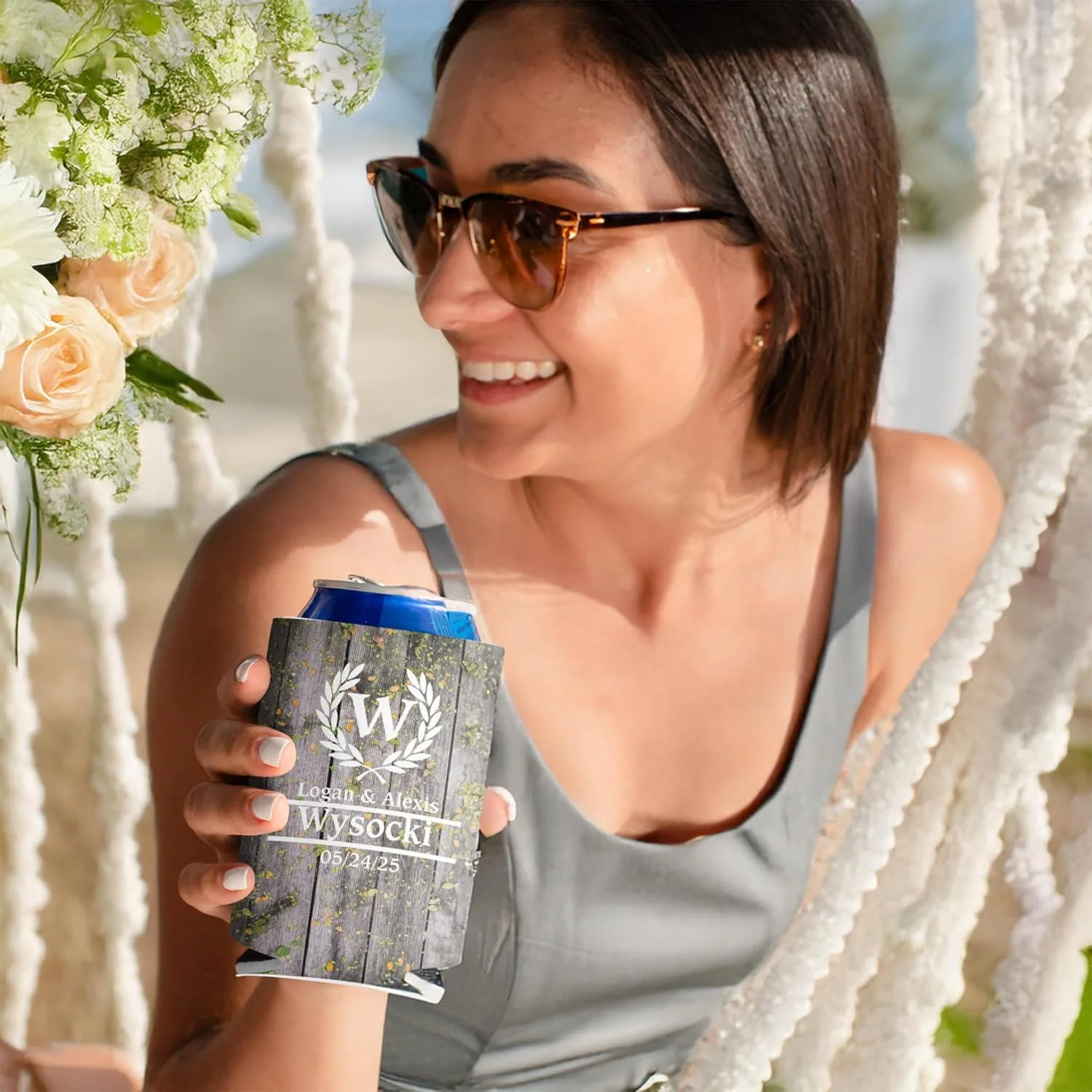 Personalized Laurel And Initial Wedding Can Coolers - Image 11