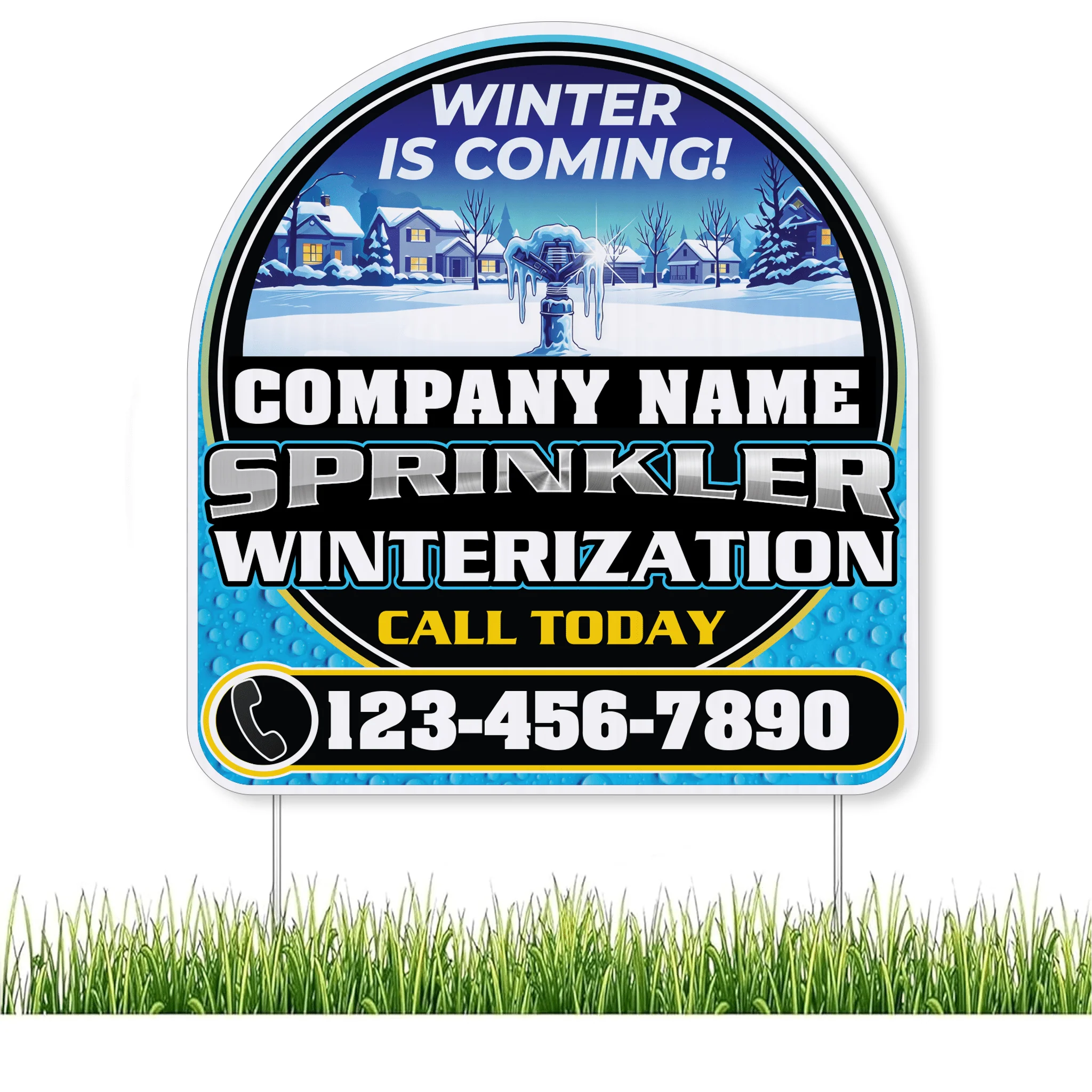 Custom Sprinkler Winterization Yard Signs | 10-Pack | 20 EZ Stakes Included