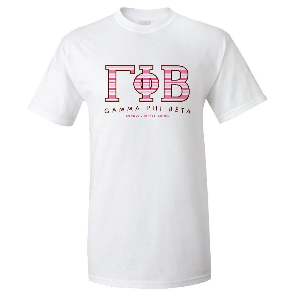Gamma Phi Beta Greek Letters with Pink Stripes T-shirt