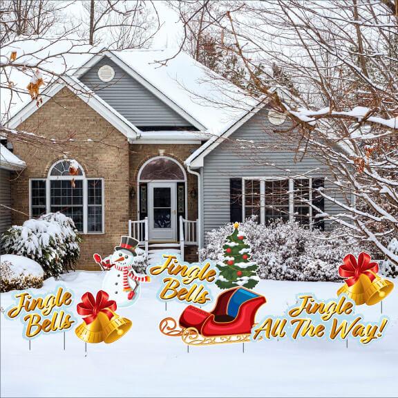 Jingle Bells Christmas Yard Card Greeting - 8 Pc Set | Short Stakes Included