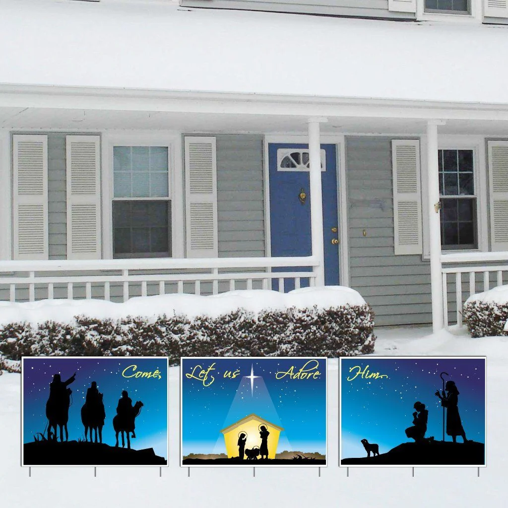 Nativity Christmas Yard Sign Display #3 - 3 Pieces | 9 EZ Stakes Included
