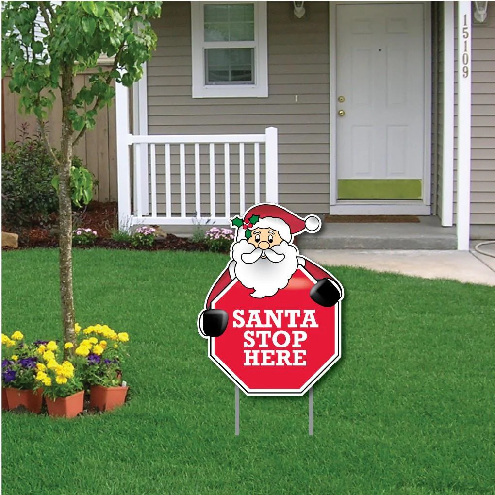 Santa Stop Here Christmas Yard Sign | Pair of EZ Stakes Included
